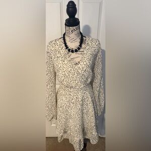 Japna Beige and Black Spotted Ruffle Long Sleeve Tiered Dress